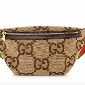 Gucci  Jumbo GG Textured
Dollar Calfskin Web Belt Bag Camel
Ebony New Acero